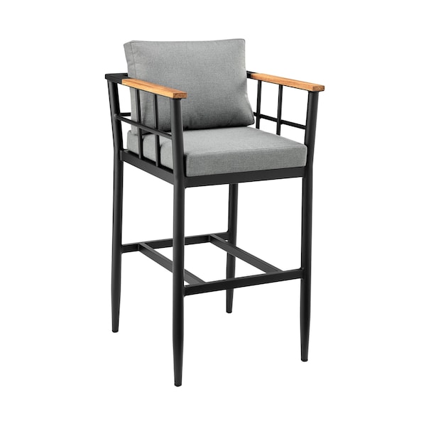 Armen Living Wiglaf Outdoor Patio Counter Height Bar Stool in Aluminum and Teak with Gray Cushions 840254333048 - main